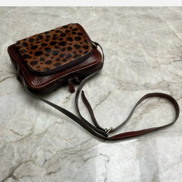 FURLA Croc Brown Leather Shoulder Crossbody Leopard Bag Made in Italy